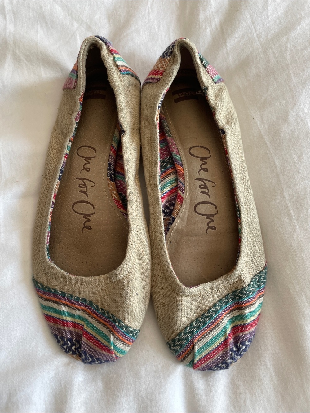 Toms Beige Canvas Flats with Multicolor Stripe Toe